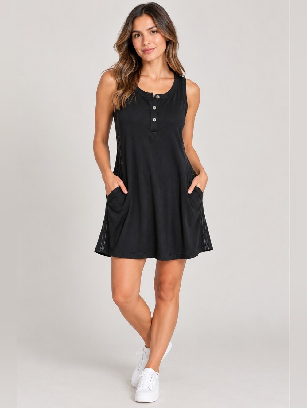 SheBird Size 2 Black Modal Stretch Dress Built In Bra Pockets Sleeveless